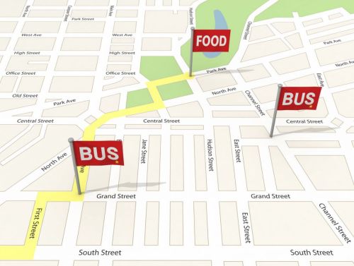 Fictitious Map with flag locators to food and buses
